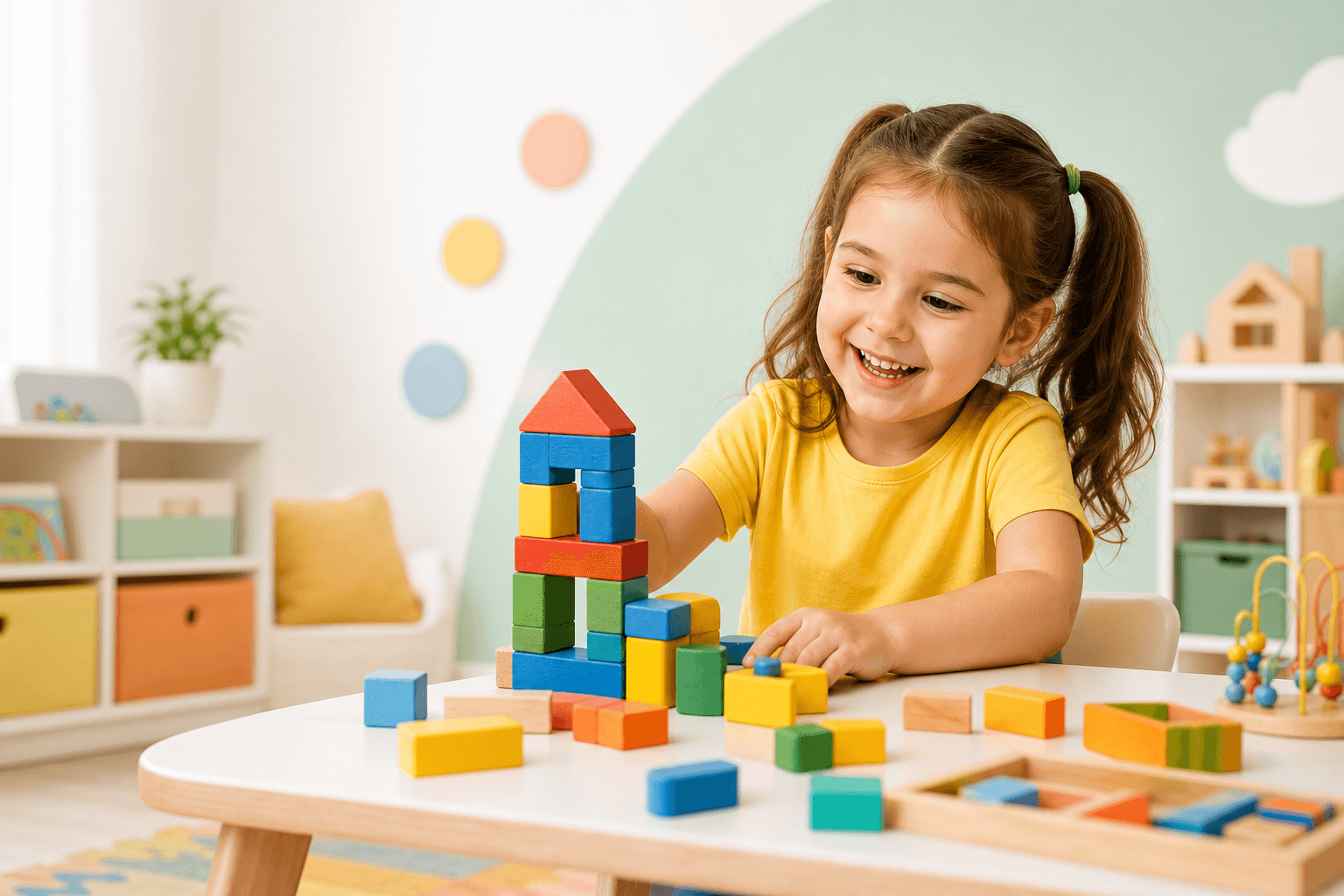Happy preschool child building with colorful blocks